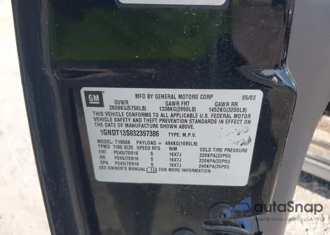 2003 Chevrolet Trailblazer Lt z USA, uszkodzony, nr VIN 1GNDT13S832397386